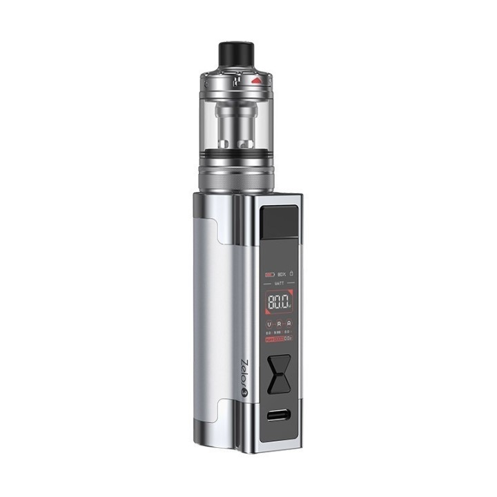 Aspire Zelos 3 80W Mod Kit Pod Mod gümüş renkli, dijital ekranlı elektronik sigara.