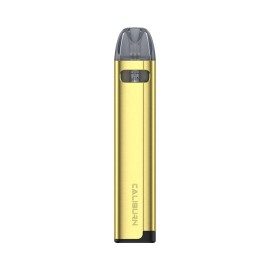 Uwell Caliburn A2S Pod Mod altın rengi, kompakt elektronik sigara cihazı.