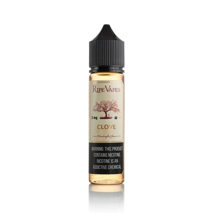 Ripe Vapes Clove E Likit 60ml, 3mg nikotinli, şeffaf şişe.