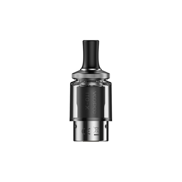 Voopoo ITO-X Kartuş tankı, siyah drip tip ile şeffaf gövde.