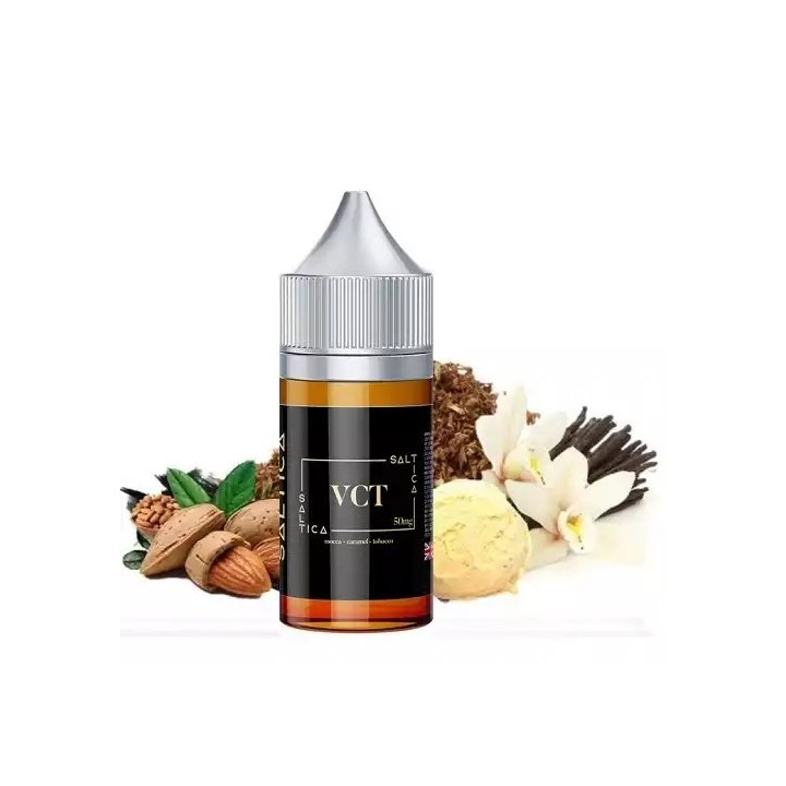 Saltica VCT Salt Likit, badem, vanilya ve tütün aromalı e-likit.