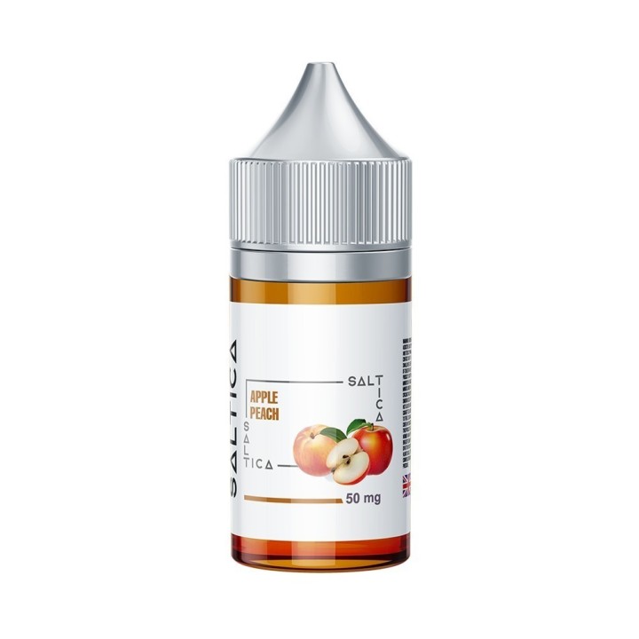 Saltica Apple Peach Salt Likit 50 mg şişe, amber cam, gümüş kapak.