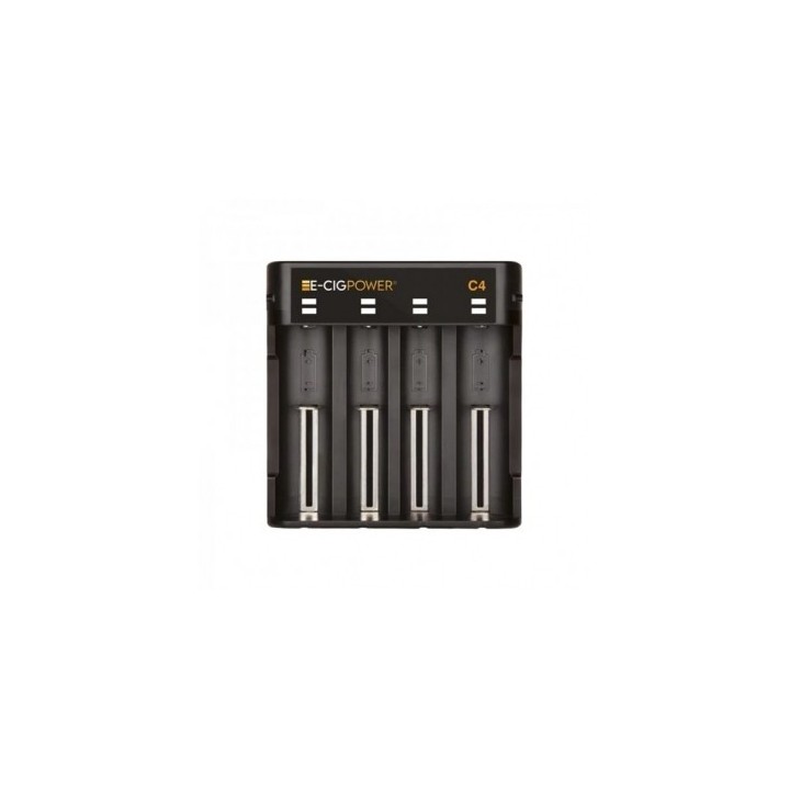 E-Cig Power C4 şarj cihazı, 4 bölmeli, siyah renkli, elektronik sigara pil şarj aleti.