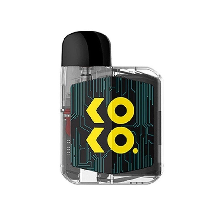 Uwell Koko Prime Pod Mod şeffaf gövde, siyah üst ve sarı KOKO logosu.