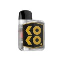 Uwell Koko Prime Pod Mod şeffaf gövde, siyah ağızlık, altın logo.