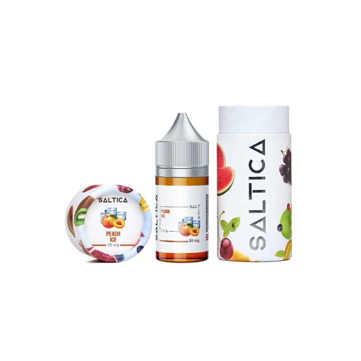 Saltica Peach Ice Salt Likit 50 mg şişe ve kutu ambalajlı fotoğraf.