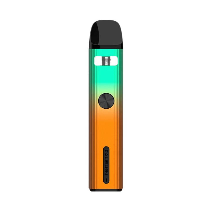 Uwell Caliburn G2 Pod Mod turuncu-yeşil degrade renkli, ateşleme düğmeli elektronik sigara.
