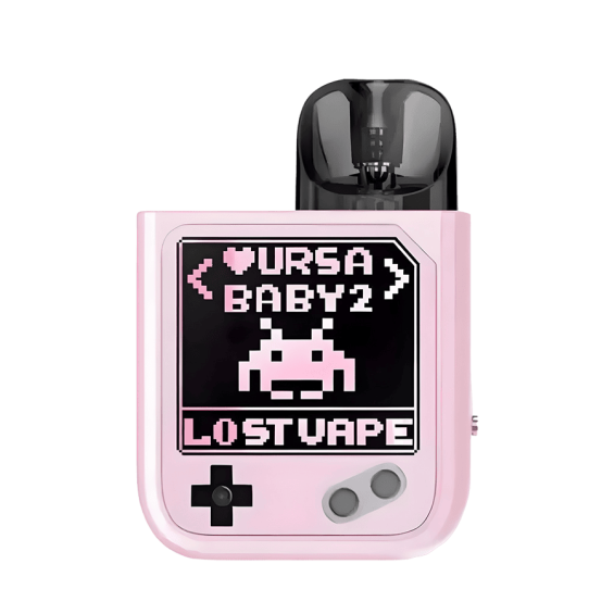 Lost Vape Ursa Baby 2 Pod Mod pembe, retro oyun konsolu tasarımlı elektronik sigara.