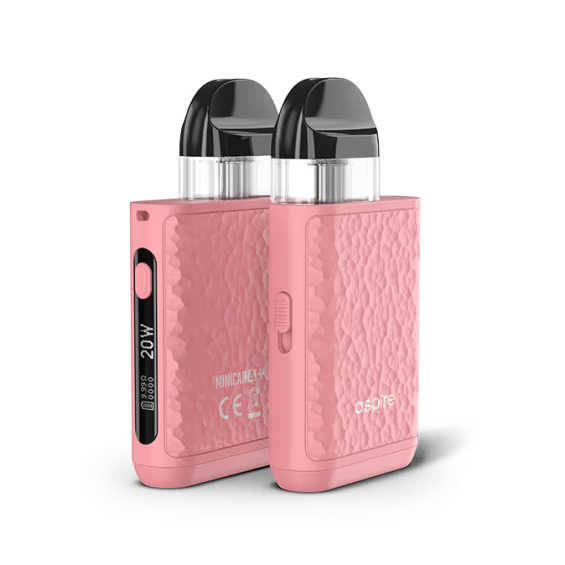 Aspire Minican 4 Plus Pod Mod pembe, dokulu gövde ve 20W ekranlı.