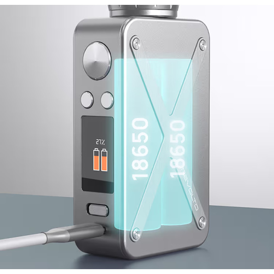 Aspire Revolto Pod Mod gri, 18650 çift pil göstergeli şarj ekranı.
