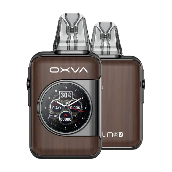 OXVA Xlim SQ Pro 2 Pod Mod kahverengi ahşap görünümlü, dijital ekranlı.