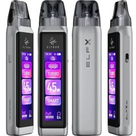 Gümüş Elf Bar ELFX Ultra Pod Mod, 45W ekranlı, yeniden doldurulabilir vape.