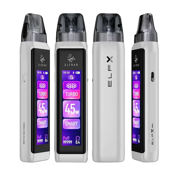 Beyaz Elf Bar ELFX Ultra Pod Mod, 45W ekranlı, şık elektronik sigara.