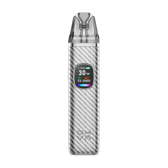 OXVA Xlim Pro Pod Mod gümüş karbon fiber desenli, 30W ekranlı elektronik sigara.