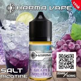 Dharma Grape Soda Ice Salt Likit şişesi, üzüm ve buzlu içecek görselleri.