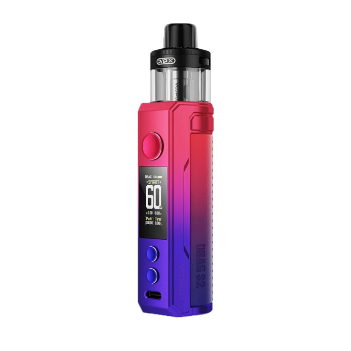 Voopoo Drag S2 Pod Mod pembe-mavi geçişli, ayarlanabilir watt ayarlı elektronik sigara.