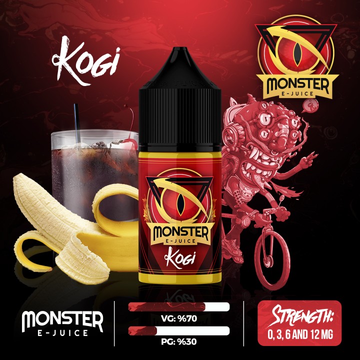 Monster Kogi E-Likit Şişesi Muz ve Kola Aromalı E-Juice Sunumu
