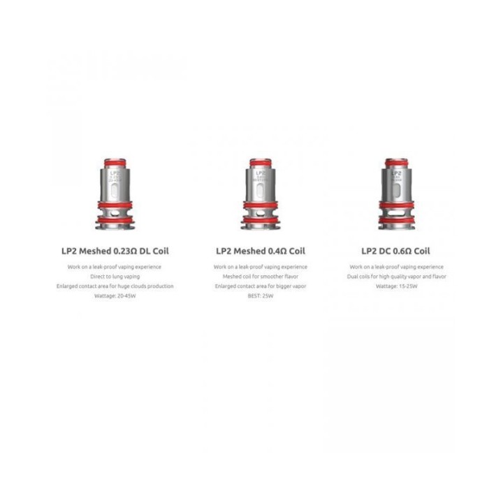 Smok LP2 Coil çeşitleri: 0.23Ω DL, 0.4Ω Mesh, 0.6Ω DC